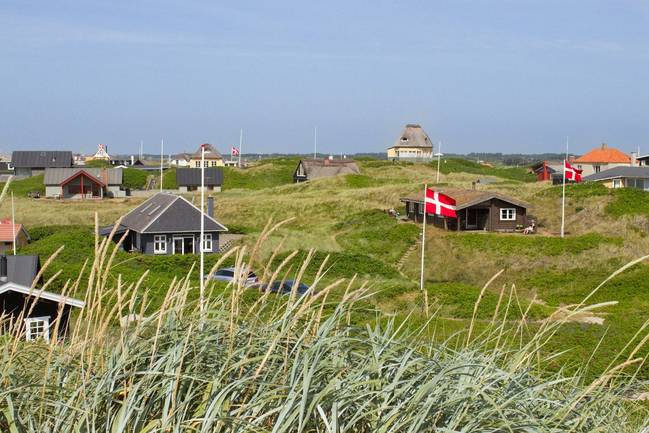 Dänische Ferienhäuser auf Dünenhügeln an der Nordsee, an mehreren Häusern weht der Dannebrog